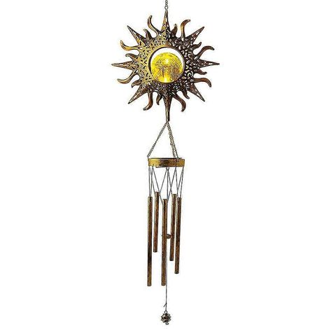 Carillon éolien solaire à boule de verre craquelé, veilleuse lune pour jardin, décoration rétro en cuivre, son grave et doux (1/5)