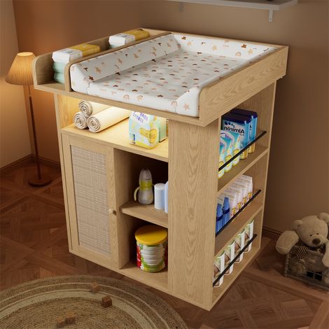 Commode à Langer Naturelle - 80x75x100cm - Table à Langer avec Éclairage LED USB et Multiples Rangement Latéraux - Naturel (1/5)