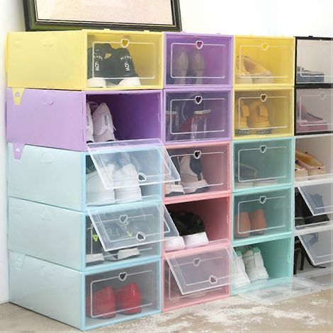 Boîte à chaussures empilable à tiroirs, compatible avec 6 pièces, en plastique bleu (1/4)