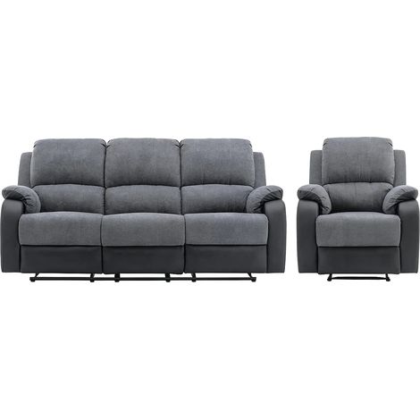 Canapé 3 places et fauteuil relax en microfibre et simili gris et noir BRODY (1/5)