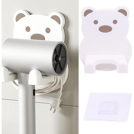 Soporte de pared para secador de pelo - Soporte para secador de pelo - Organización del baño - Sin taladros - 10,5 x 10 cm - Blanco (1/5)