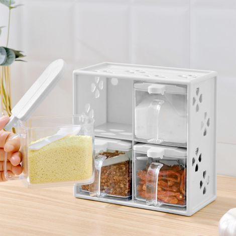 Boîte À Épices - Transparente - Avec Poignée Et Cuillère - Support Empilable - En Plastique Alimentaire - 4 Pièces (1/5)