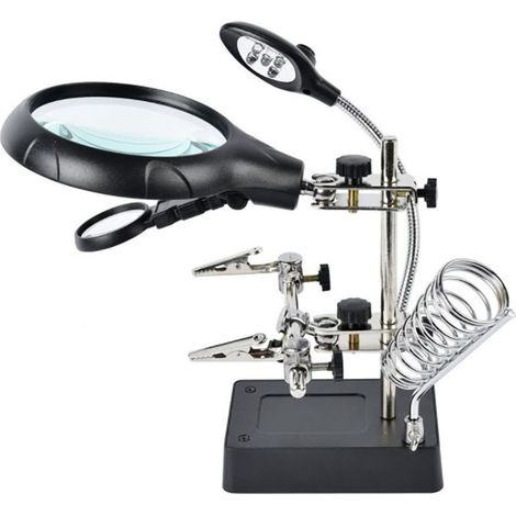 Loupe de bureau, station de soudage, lampe LED, support de loupe, pince et clips. (1/5)