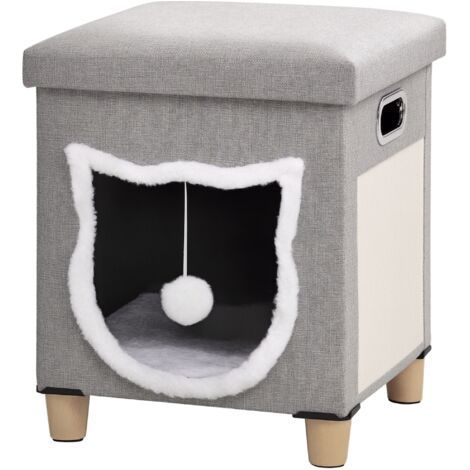 Niche chat interieur maison chat interieur 2 en 1 pied en bois coussin amovible lavable balle, 35,5x35,5x42,5cm, gris (1/5)
