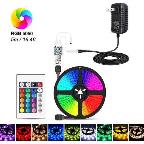 Bande LED RGB Wi-Fi 5 m (16,4 pi) 150 LED avec télécommande infrarouge, application intelligente, commande vocale et minuterie, changement de couleur, LED 5050 pour plafond de chambre ou fête (12 V CC (1/2)