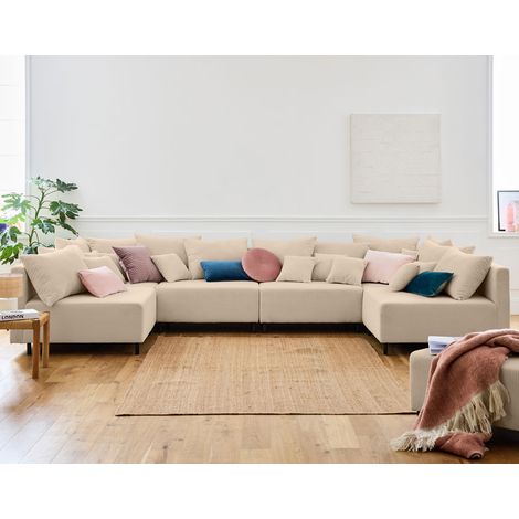 Lisa Design – Canapé modulable panoramique 6 places – Revêtement velours côtelé beige – Pieds en métal noir – Coussins déhoussables (1/5)