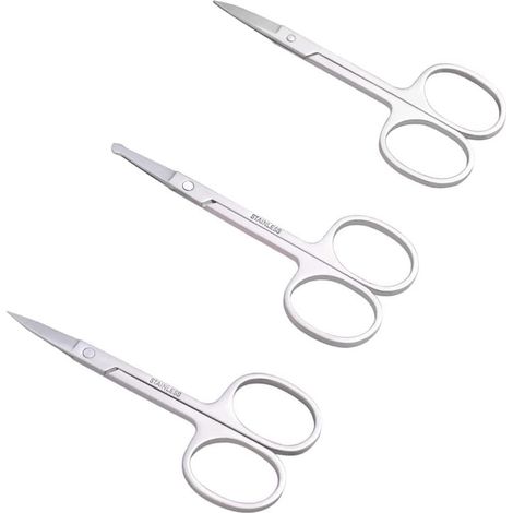 Lot de 3 Ciseaux, Pointe Ronde, Acier Inoxydable, Pointe Courbée, Pointe Droite, Visage