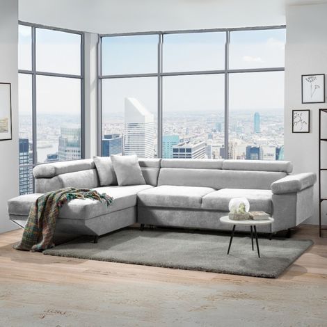 Divano angolare letto estraibile e penisola contenitore sinistra Denver colore grigio chiaro Ronda80 297x206x77H (1/3)