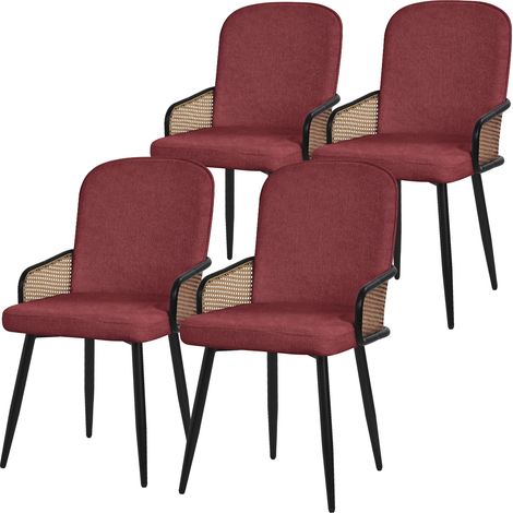 ML-Design Set di 4 Sedie da Sala Pranzo Rosso con Rivestimento in Tessuto, Gambe in Metallo, con Braccioli Effetto Rattan, Poltrona Imbottita, Poltroncina Ergonomica da Soggiorno e Cucina