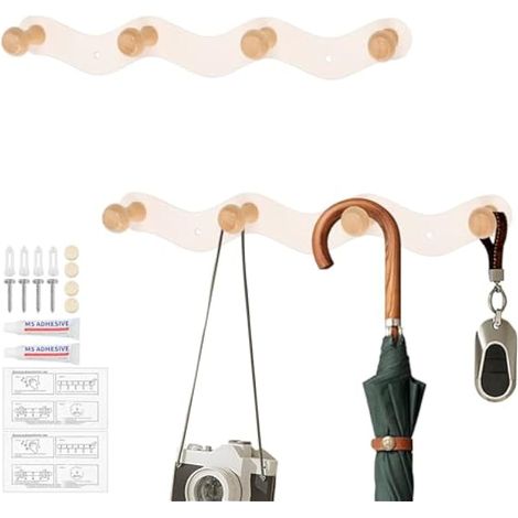 Lot de 2 Porte Manteaux Muraux Vague – Acier Carbone Blanc + Boules Bois – 33,5×4,5 cm – 4 Crochets Chacun – pour Entrée, Salle de Bain, Cuisine – Porte Manteaux Muraux Accessoire Organisation (1/5)