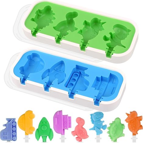 Lot de 2 mini moules à glace en silicone à motifs de dessins animés : fusée, dinosaure, voiture et bateau, avec bâtonnets, couvercles et design empilable pour enfants