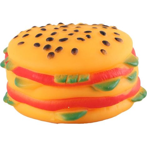 Giocattolo a forma di hamburger in gomma colorata con fischietto, ideale per cani di piccola e media taglia. (1/2)