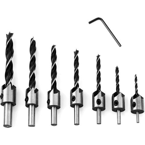 7-piece wood drill with HSS countersink, carpentry reamers, core drilling, chamfer countersink drill with countersink and depth stop, countersink drill set, 90° rotated wood drills (3-10 mm) (1/5)