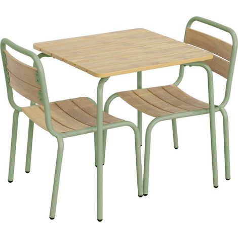 Children's garden table with steel and wood decor + 2 chairs, sage green, 48x48x47 cm - Suzie