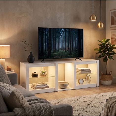 Meuble TV blanc 160x35x52 cm – Avec éclairage LED RVB – Construction en bois d'ingénierie et verre trempé – Design moderne (1/5)