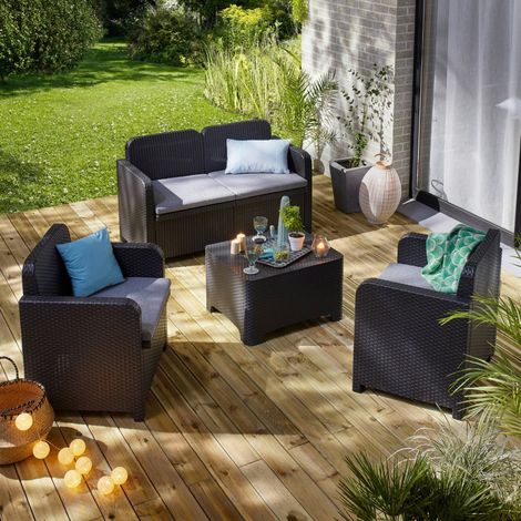 GRAND SOLEIL Salon bas de jardin, plastique recyclé, SORRENTO Anthracite, 4 personnes (1/3)