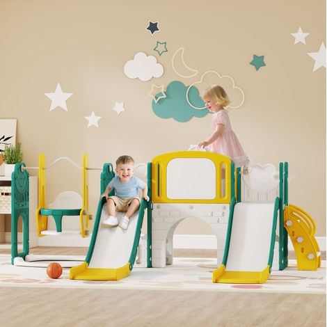 Tobogán y columpio 9 en 1 para niños pequeños, con cesta, amarillo y verde OKMYHOME (1/5)