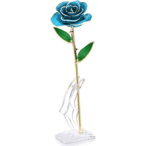 1 Rose dorée à l'or 24k, rose bleue préservée avec support, cadeau anniversaire (1/5)