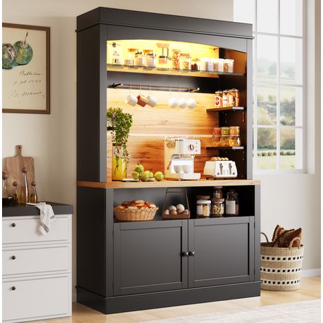 Küchenschrank, hoher Küchenschrank (107x43x184 cm), Vitrine, Anrichte, Anrichte mit LED-Beleuchtung, offenes Regal, schwarz (1/5)