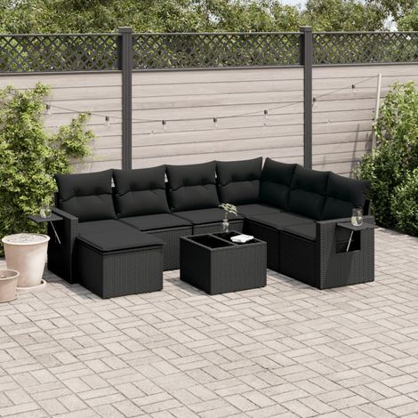 8-tlg. Garten-Sofagarnitur mit Kissen Schwarz Poly Rattan (1/3)