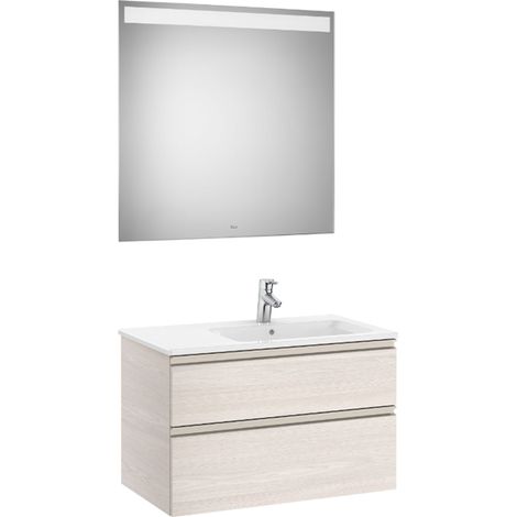 Pack meuble "The Gap" 800 - 2 tiroirs + lavabo slim droite + miroir LED - frêne nordic/poignées nickel mat - Roca