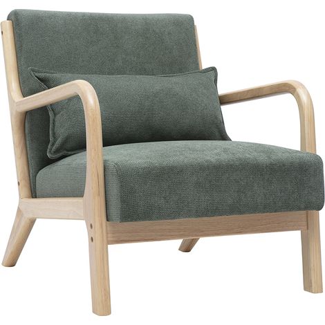 Fauteuil scandinave en tissu chenille vert kaki et bois clair massif DERRY (1/5)