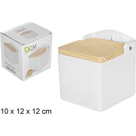 salero ceramica blanca para colgar con tapa madera abatile 10x12x12 cms casa y menaje