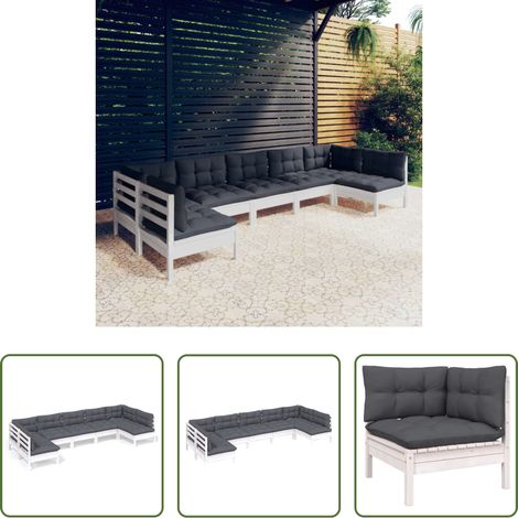 Terrassensofa - 7-tlg. Garten-Lounge-Set mit Kissen Weiß Kiefer Massivholz (1/5)