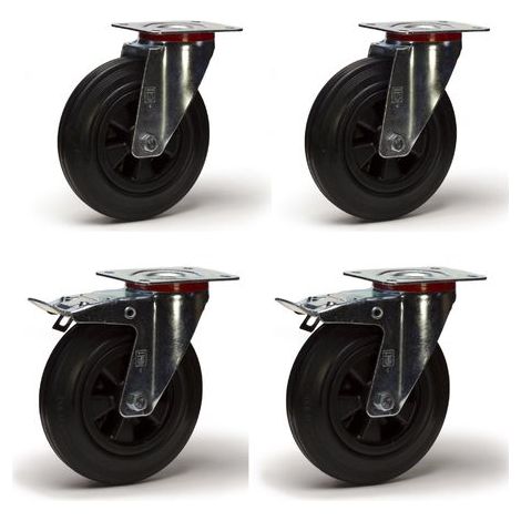 Set aus 4 Lenkrollen mit Bremse – Schwarzer Gummi – 100 mm Durchmesser – Max. Traglast 210 kg – Für Möbel, Industrieausrüstung und Regale