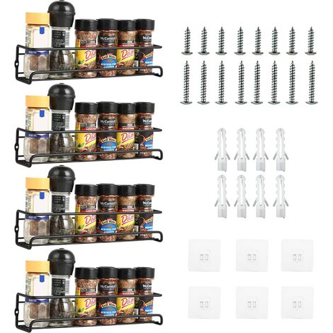 Étagère à épices murale - Lot de 4 rangements pour épices de cuisine - Sans perçage - Étagère à épices autocollante avec 8 autocollants et vis - Idéal pour les armoires de cuisine
