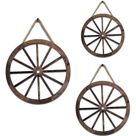 Lot de 3 décorations murales rustiques en forme de roue de chariot en bois, style vintage, pour jardin, maison ou garage. (1/5)