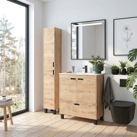 Mueble de Baño CONTESSA 80cm Roble 2 puertas 1 cajón (Sin Lavabo) (1/3)