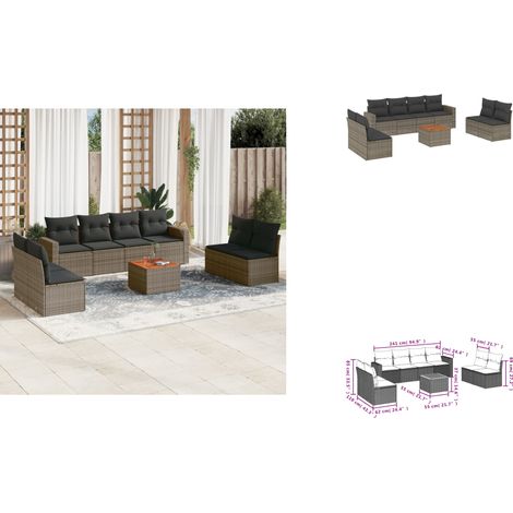 9-tlg. Garten-Sofagarnitur mit Kissen Grau Poly Rattan - Gartensortiment - Outdoor Möbel - Lounge Set - Gartenlounge - Rattan Gartenmöbel (1/3)