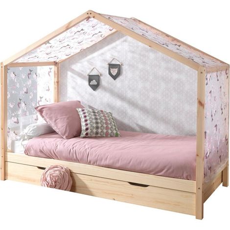Pack Lit Cabane Enfant, Tiroir & Voile "Dallas II" 90x200cm Naturel (1/3)