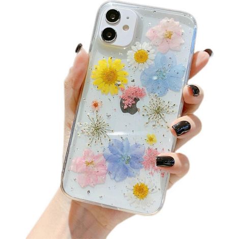 Coque pour iPhone 12 avec fleurs, transparente, mignonne, pailletée, motif de fleurs séchées pressées, en caoutchouc TPU souple et fin, pour femmes et filles. (1/2)