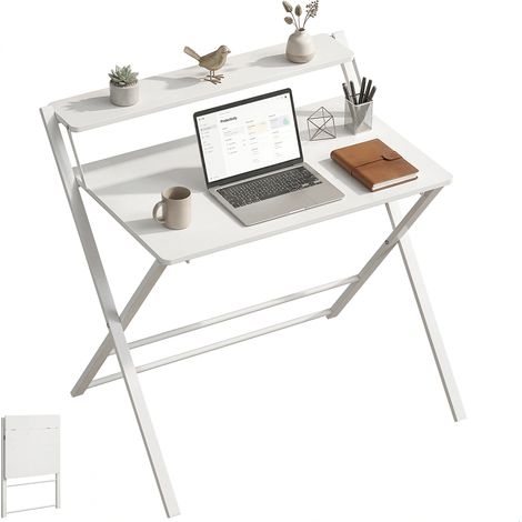 HOMCOM Folding Desk with 2-Tier Shelf for Home Office, White