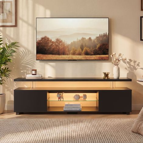Meuble TV, éclairage LED, noir, pour salon, console rangement multimédia et grande armoire latérale salon, grand rangement