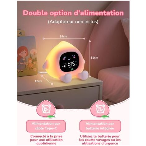 Sveglia educativa per bambini con 2 allarmi, luminosità regolabile, display 12/24h, illuminazione d'allarme a 7 colori, spegnimento automatico dopo 30 secondi (1/4)