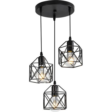 3 Lampes E27 Lustre Suspension Industrielle Vintage Noire (1/5)