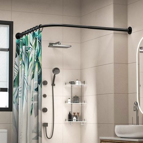 Adjustable L-shaped stainless steel corner shower rail, drill installation (black, 70-95 cm) (1/5)