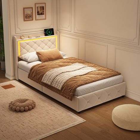 Lit coffre90x200, Lit Adultes capitonné, Lit avec LED et USB, Cadre de lit 1 places de rangement, lit simple à sommier tapissier, velours, Beige, sans matelas (1/5)