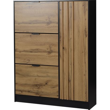 Scarpiera 100x30x130 cm in MDF con 3 ante ribaltabili e 1 vano con porta, colore naturale e nero (1/5)