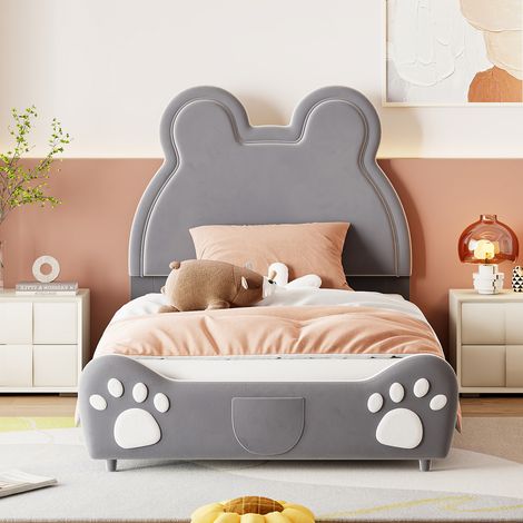 Lit enfant rembourré, 90 x 200 cm, avec tête de lit ours mignon, lit simple, lit garçon et fille, matière velours doux pour la peau, gris (livraison locale, garantie 2 ans) (1/5)