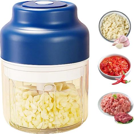 Hachoir à Ail Électrique Mini Portable, Robot Culinaire sans Fil Rechargeable USB, Moulin à Légumes Électrique Amélioré (Bleu, 320ML) (1/5)