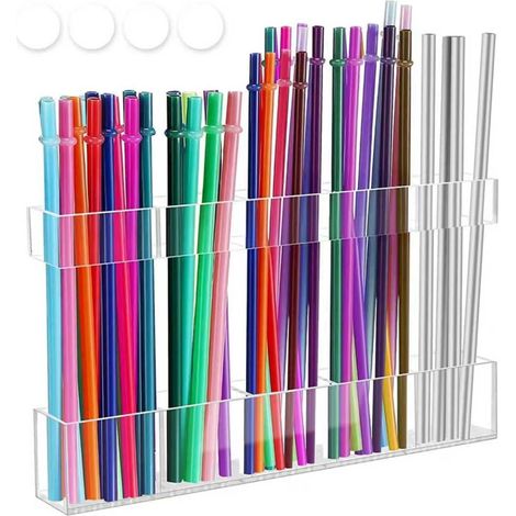 Boîte de rangement pour pailles, support réutilisable pour pailles avec ruban adhésif double face, adapté aux portes d'armoires et aux plans de travail de cuisine (transparent) (1/5)