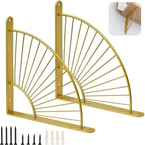 2 Supports D'étagères en Forme D'éventail Doré, Equerre Etagere Murale, Support Mural en Métal pour Restaurant, Support Triangulaire Flottant, étagères d'a (Or)