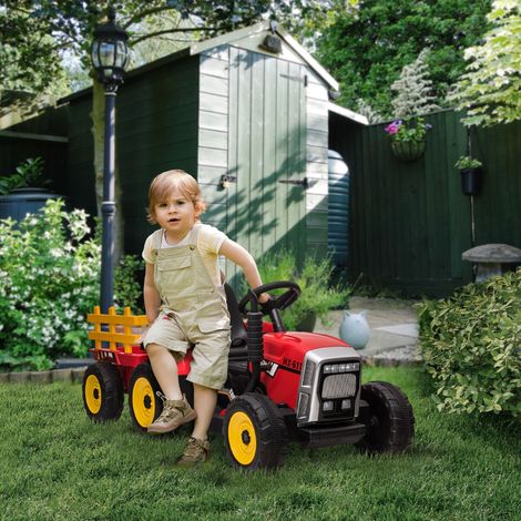 Trattore elettrico con rimorchio staccabile, per bambini dai 3 ai 6 anni, con telecomando, lettore musicale MP3, display e luci.