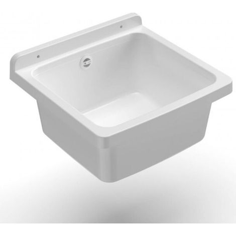 Évier mural en résine blanche 39x39x24 cm – Bac de lavage avec surface d'appui antidérapante – Siphon 1 voie avec trop-plein (1/5)