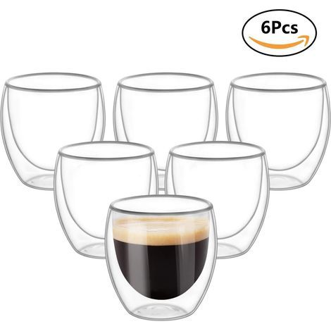 Set aus 6 doppelwandigen Glasbechern, transparente doppelwandige Kaffeetassen, doppelwandige Isolierung, geeignet für Cappuccino, Latte und andere Getränke (250 ml). (1/5)