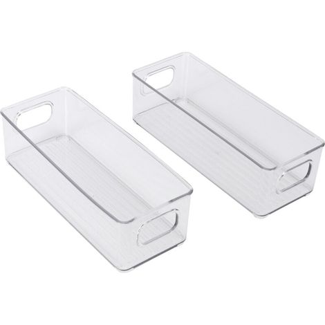 Set di 2 contenitori impilabili in plastica trasparente per frigorifero con manici, per dispensa e cucina (1/4)